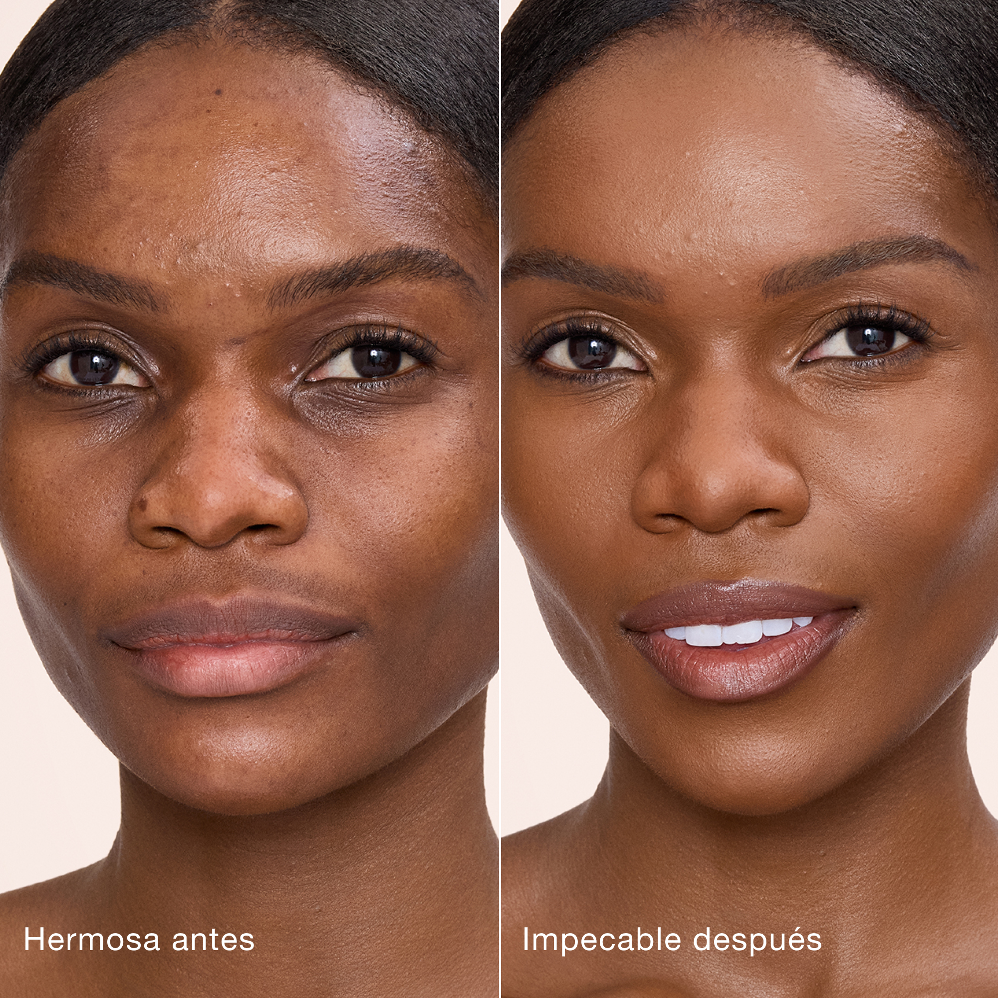 Comparación paralela que muestra la piel antes y después de aplicar el corrector Charlotte Tilbury Airbrush Flawless Concealer con las etiquetas de texto "Preciosa antes", "Impecable después".