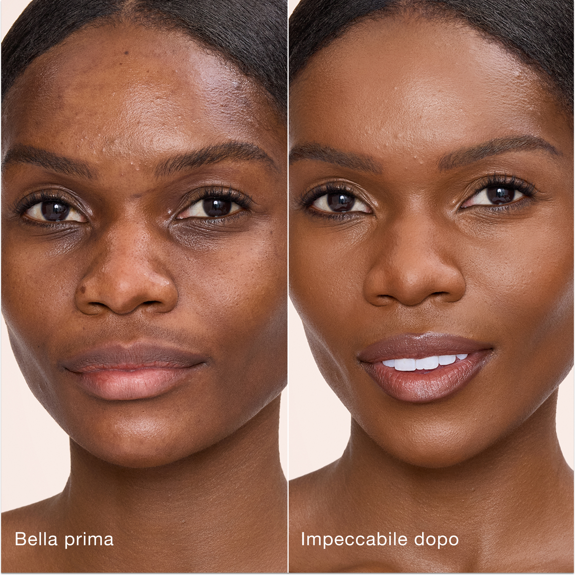 Confronto affiancato che mostra la pelle prima e dopo aver applicato il correttore Airbrush Flawless di Charlotte Tilbury, con le etichette di testo "Bella prima" e "Impeccabile dopo".