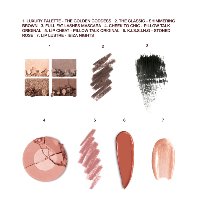 Swatches of a quad eyeshadow palette in shades of brown and gold, brown eyeliner, black mascara, two-tone blush in light brown and warm pink, lip liner in nude pink, lipstick in redwood, and lip gloss in sheer golden pink. 