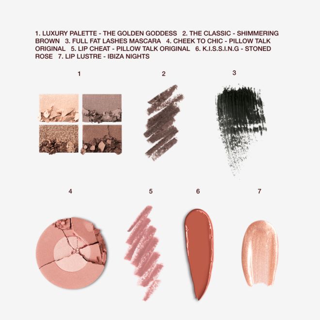 The Golden Goddess kit for light tones swatches Swatches of a quad eyeshadow palette in shades of brown and gold, brown eyeliner, black mascara, two-tone blush in light brown and warm pink, lip liner in nude pink, lipstick in redwood, and lip gloss in sheer golden pink.
