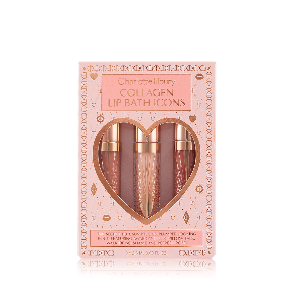 Charlotte's Collagen Lip Bath Icons lip gloss gift set including Refresh Rose, Pillow Talk and Walk of No Shame