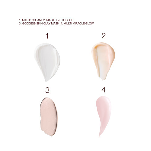 Swatches of a pearly-white face cream, a champagne-coloured night cream, a fawn-coloured eye cream, and- a clay mask.  
