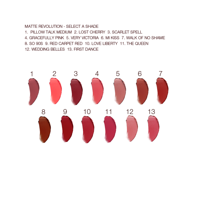 Swatches of thirteen lipsticks with a matte finish in shades of red, brown, orange, pink, and purple. 