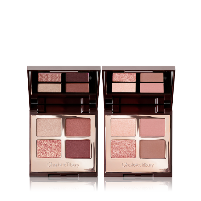 Two mirrored-lid quad eyeshadow palettes with matte and shimmery eyeshadows, one with rose gold and brown shades and the other with pink and brown shades, and both having a bright beige enhancing shade. 