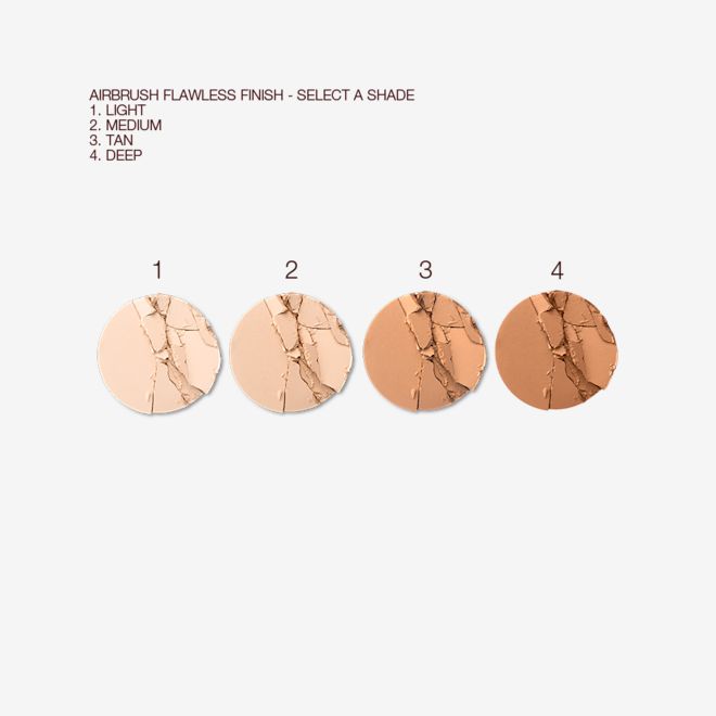 Airbrush Flawless Finish swatches Swatches of four pressed powders in light, medium, tan, and deep-tone shades.