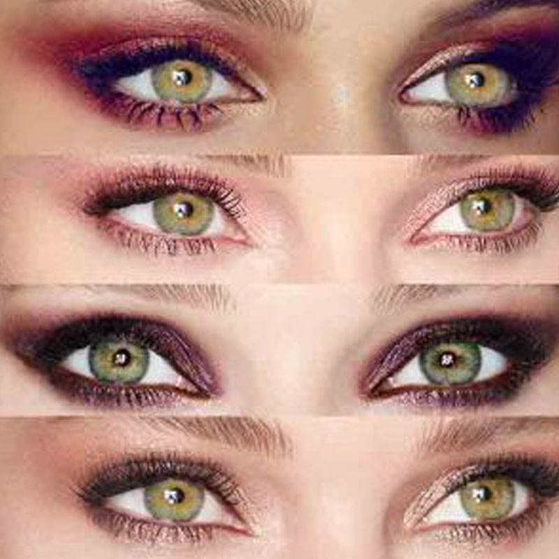Eyes close-up of four models with green eyes with different eye looks in pink, purple, plum, and gold. 