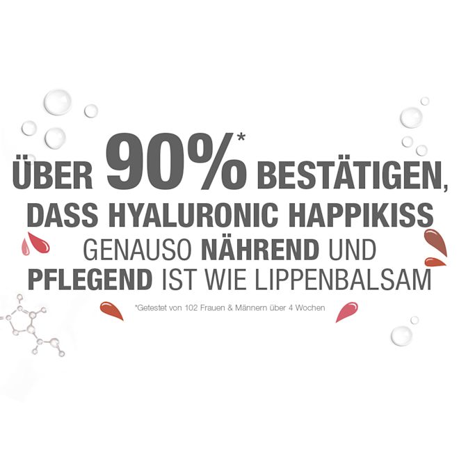 Hyaluronic Happkiss − Claims Weißes Banner mit der Aufschrift: „Über 90 % bestätigen, dass Hyaluron Happikiss genauso nährend und pflegend ist wie Lippenbalsam“.