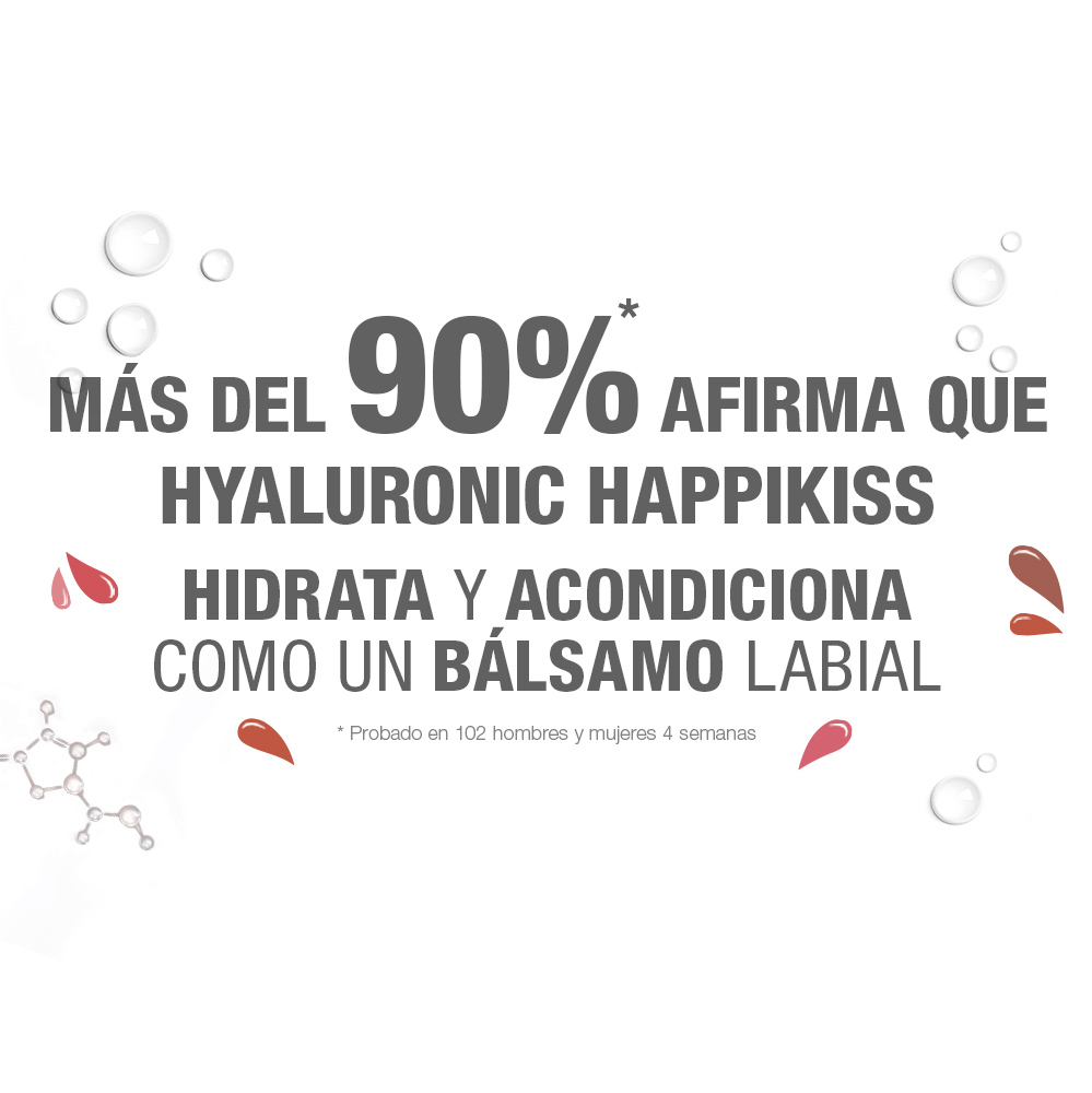 Banner color blanco con un texto: "Más del 90 % coincide en que Hyaluronic Happikiss es tan nutritivo y acondicionador como un bálsamo labial".