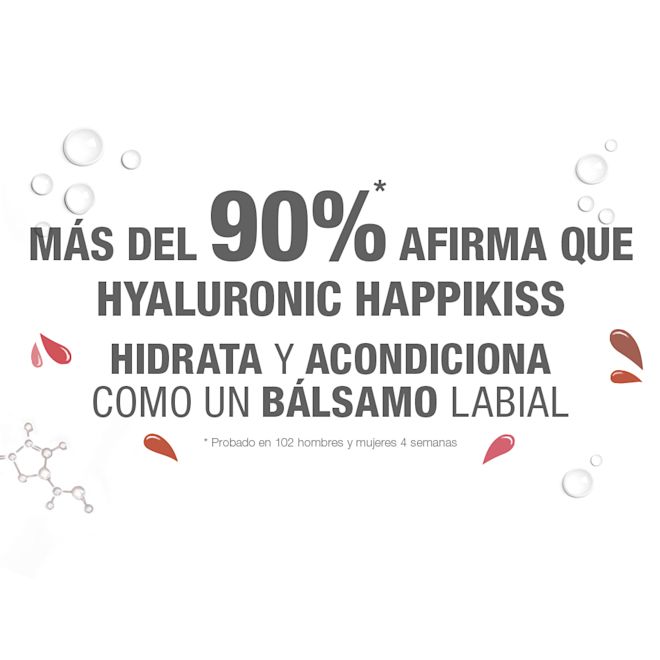 Declaraciones sobre Hyaluronic Happikiss Banner color blanco con un texto: "Más del 90 % coincide en que Hyaluronic Happikiss es tan nutritivo y acondicionador como un bálsamo labial".