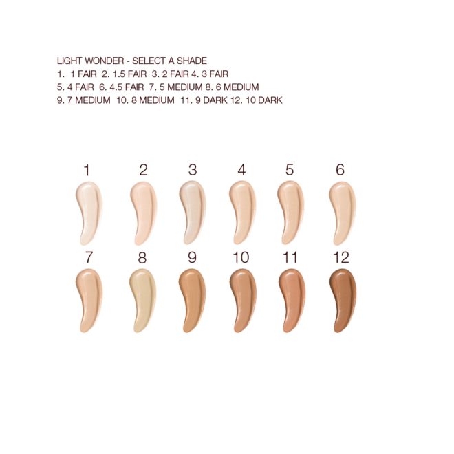 Light Wonder Shades swatches Swatches of twelve creamy primers in shades of beige, peach, pink, yellow, and brown.