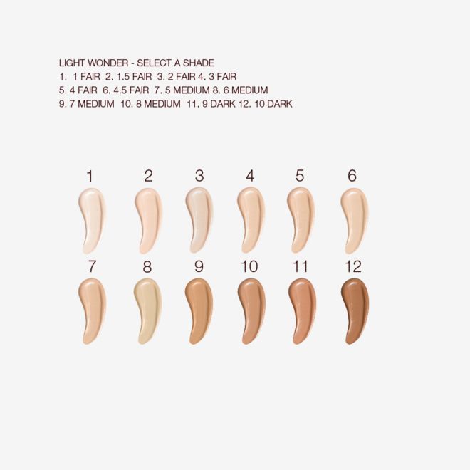 Light Wonder Shades swatches Swatches of twelve creamy primers in shades of beige, peach, pink, yellow, and brown.