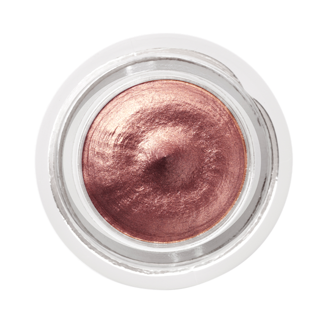 Eyes to Mesmerise in Sunset Rose open Close-up of a dark rose gold. cream eyeshadow in an open glass pot.