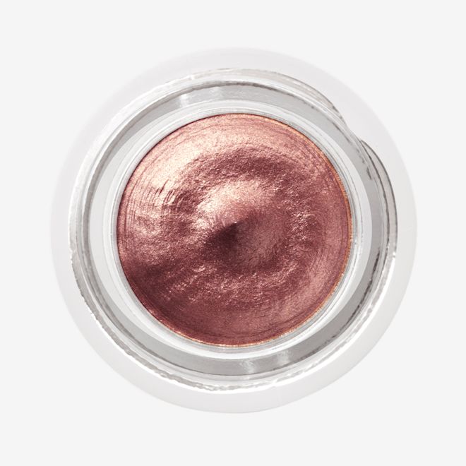 Eyes to Mesmerise in Sunset Rose open Close-up of a dark rose gold. cream eyeshadow in an open glass pot.