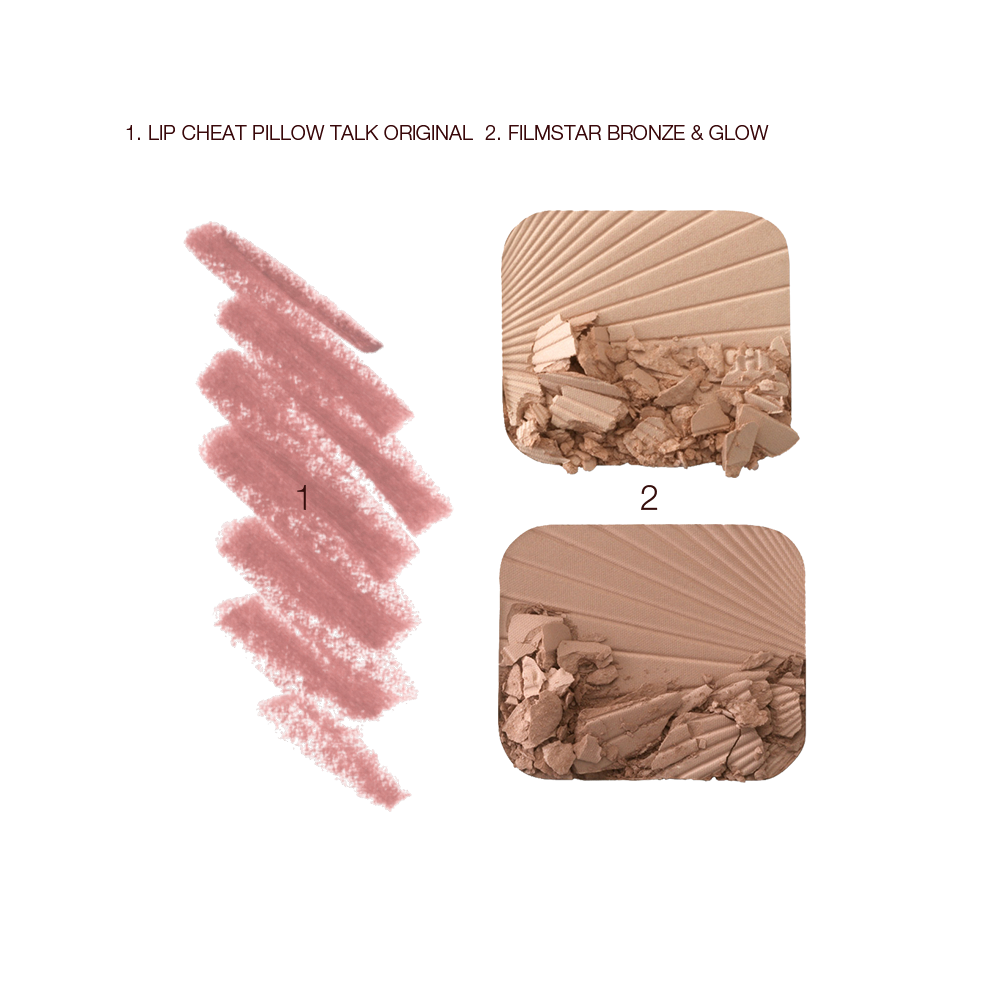 Swatches of a nude-pink lip liner pencil with glowy duo contour palette shades for light to medium skin tones.