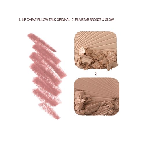 Swatches of a nude-pink lip liner pencil with glowy duo contour palette shades for light to medium skin tones.