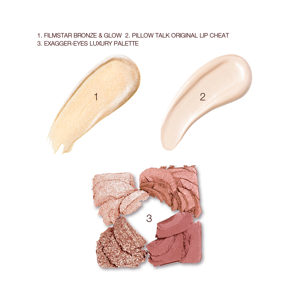 Swatches of a light golden-coloured liquid highlighter, a creamy concealer in a light shade, and four matte and shimmery eyeshadows in shades of pink and beige. 