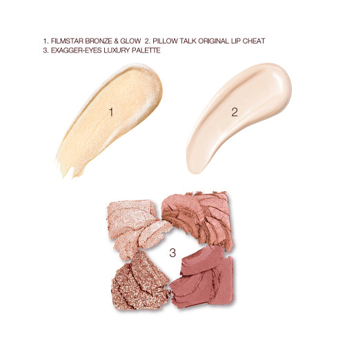 Swatches of a light golden-coloured liquid highlighter, a creamy concealer in a light shade, and four matte and shimmery eyeshadows in shades of pink and beige. 