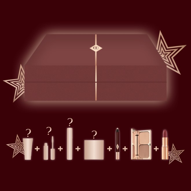 Banner with a brown-red-coloured gift box with illustrations of seven skincare and makeup mystery items that are included in it.
