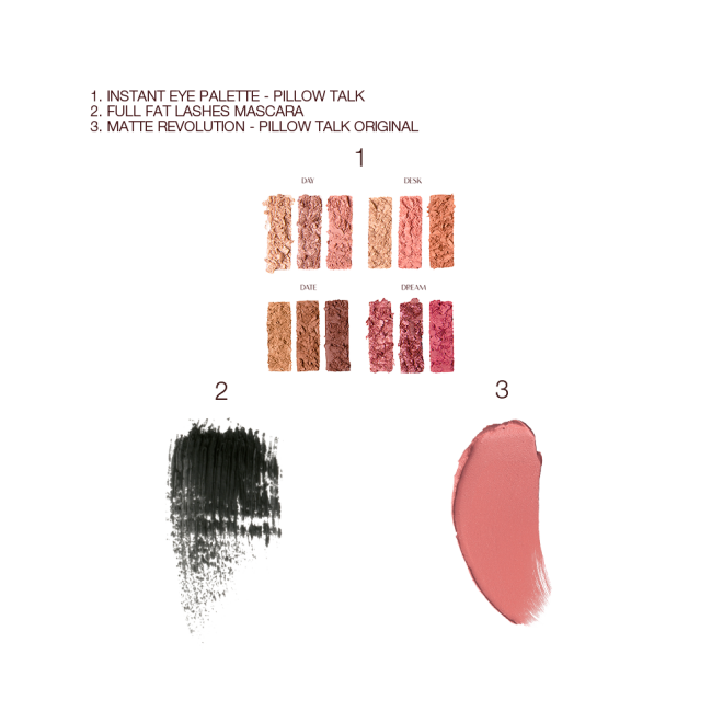 Swatches of shimmery and matte eyeshadows in shades of pink, peach, and brown, and swatches of a black mascara and a nude pink lipstick. 