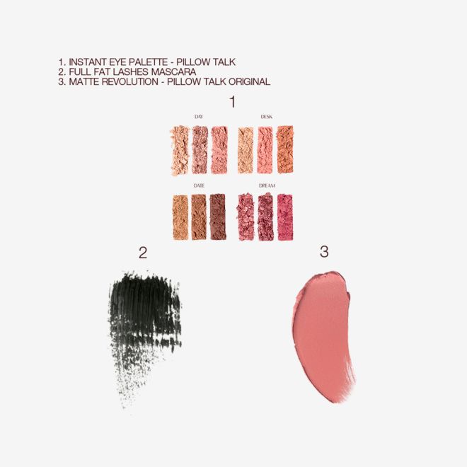 Pillow Talk Instant Eye Palette, Full Fat Lashes and, Pillow Talk Original Lipstick Bundle Swatch Swatches of shimmery and matte eyeshadows in shades of pink, peach, and brown, and swatches of a black mascara and a nude pink lipstick.