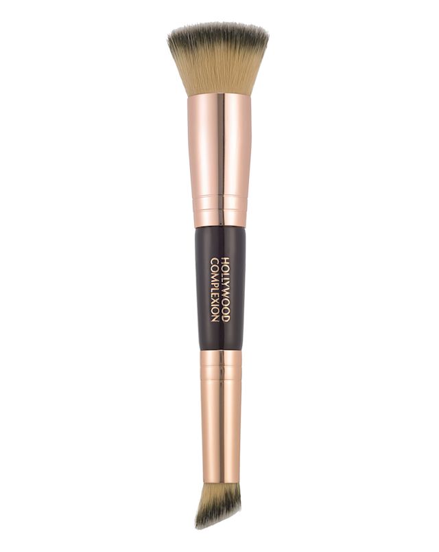 A 2-in-1, double-sided multi-purpose makeup contour brush in rose-gold and dark crimson colour. 