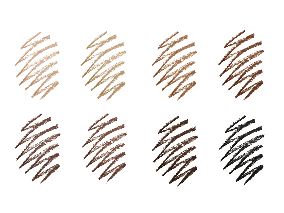 Swatches of eight eyebrow pencils in light blonde, taupe, soft brown, natural brown, medium brown, dark brown, black-brown, and natural black.