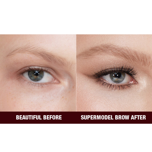 Before and after of a fair-tone model with blue eyes with bare brows on one side and thick, filled, and lined eyebrows on the other side after applying a light-blonde-coloured eyebrow pencil.