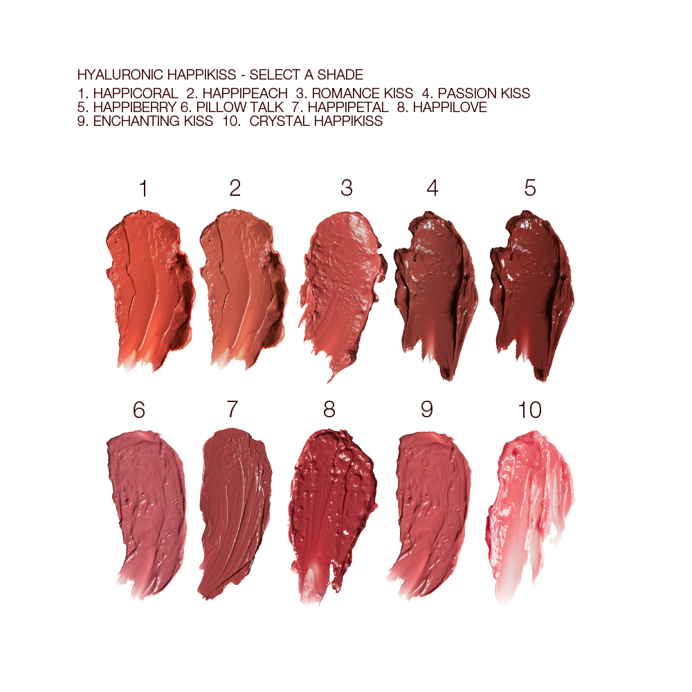 Swatches of moisturising lipstick lip balms in ten shades, that are soft brown, nude peach, vibrant coral, soft pink, nude berry pink, berry-rose, medium-pink, dark brown-red, tea rose, and sheer pink.