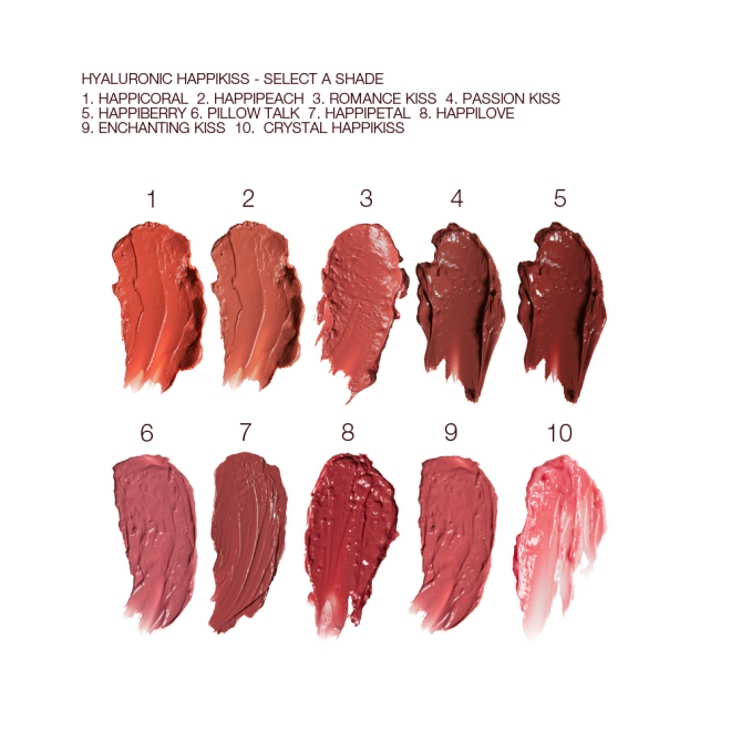 Swatches of moisturising lipstick lip balms in ten shades, that are soft brown, nude peach, vibrant coral, soft pink, nude berry pink, berry-rose, medium-pink, dark brown-red, tea rose, and sheer pink.