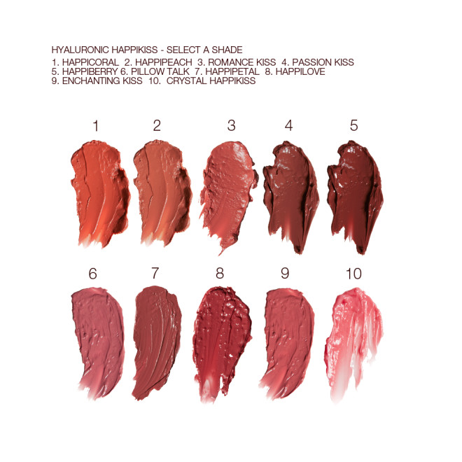 Swatches of moisturising lipstick lip balms in ten shades, that are soft brown, nude peach, vibrant coral, soft pink, nude berry pink, berry-rose, medium-pink, dark brown-red, tea rose, and sheer pink.