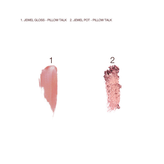 Swatches of a shimmery nude-pink lip gloss and shimmery eyeshadow in a nude-pink shade.