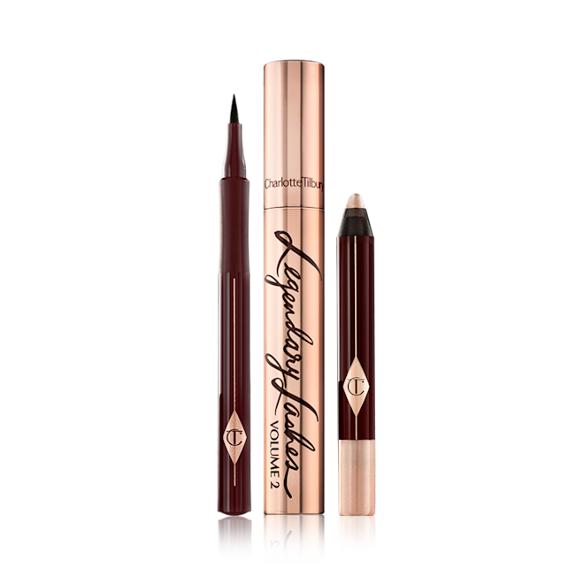 Hypnotising Smokey Eye Kit open Black eyeliner pen with thin tip for precise application, black mascara in a gold-coloured tube, chubby eyeshadow stick in a champagne shade.