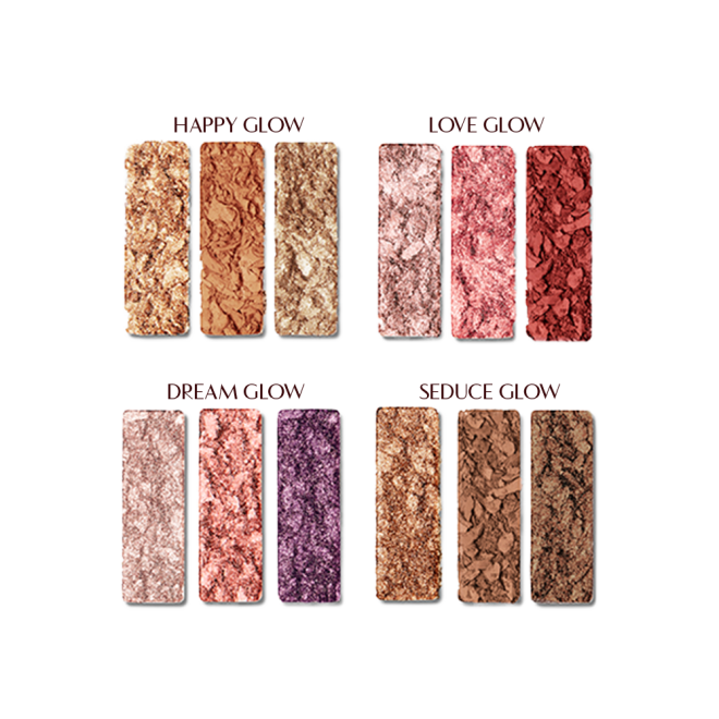 Swatches of twelve matte and shimmery eyeshadow palettes in shades of gold, brown, pink, red, purple, and beige shades. 