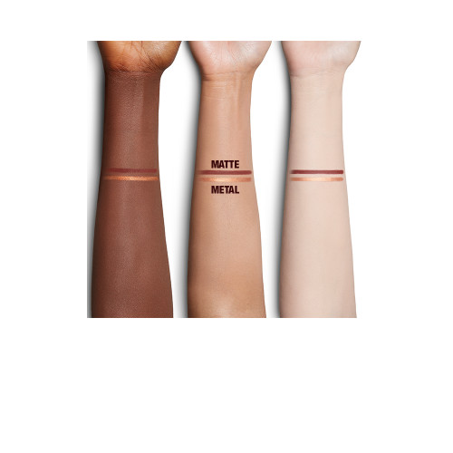 Arm swatches of copper and warm-rust eyeliners on fair, tan, and medium skin tones. 
