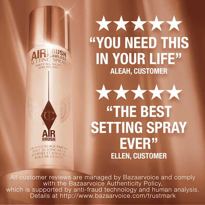 Airbrush Flawless Setting Spray infographic Advertisement for Charlotte Tilbury Airbrush Flawless Setting Spray featuring two 5-star customer reviews