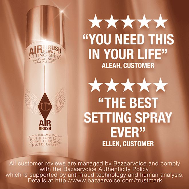 Airbrush Flawless Setting Spray infographic Advertisement for Charlotte Tilbury Airbrush Flawless Setting Spray featuring two 5-star customer reviews