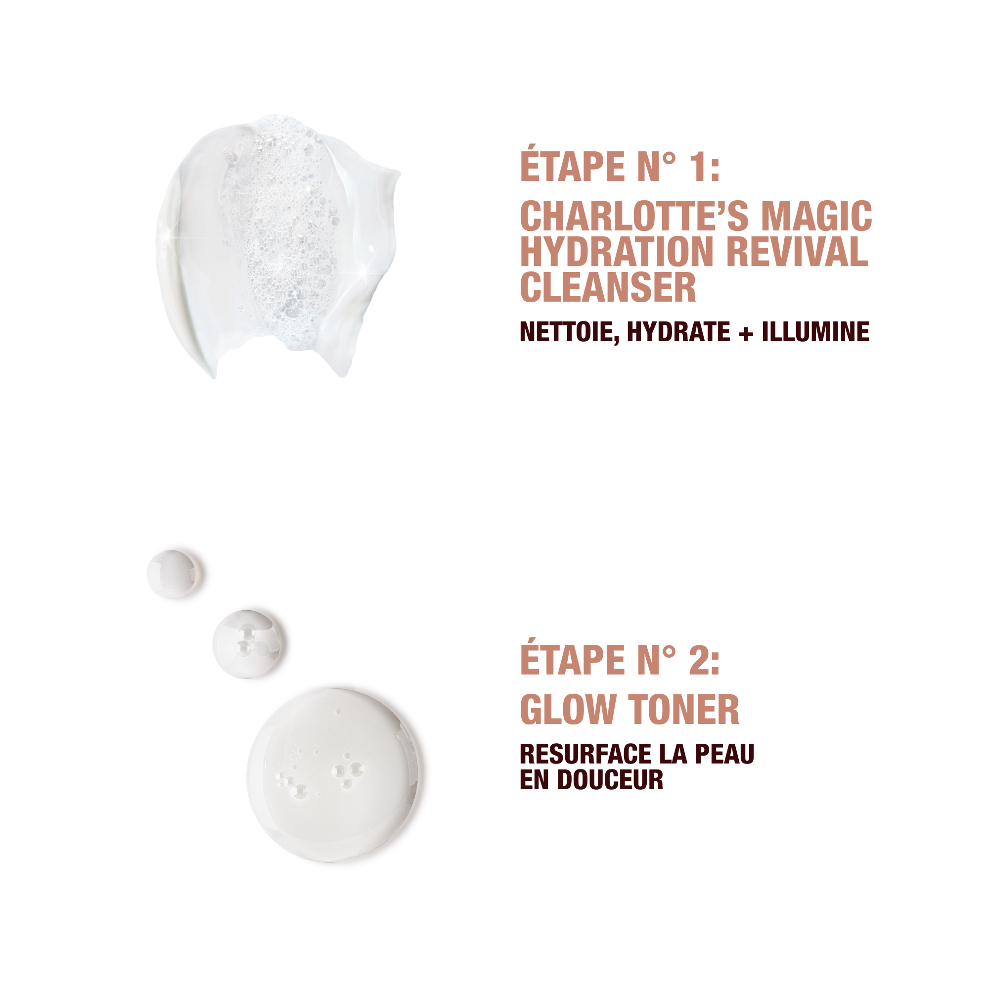 Step 1 Charlotte's Magic Hydration revival cleanser to cleanse, hydrate and glow. 
Step 2 glow toner gently resurfaces the feel of the skin