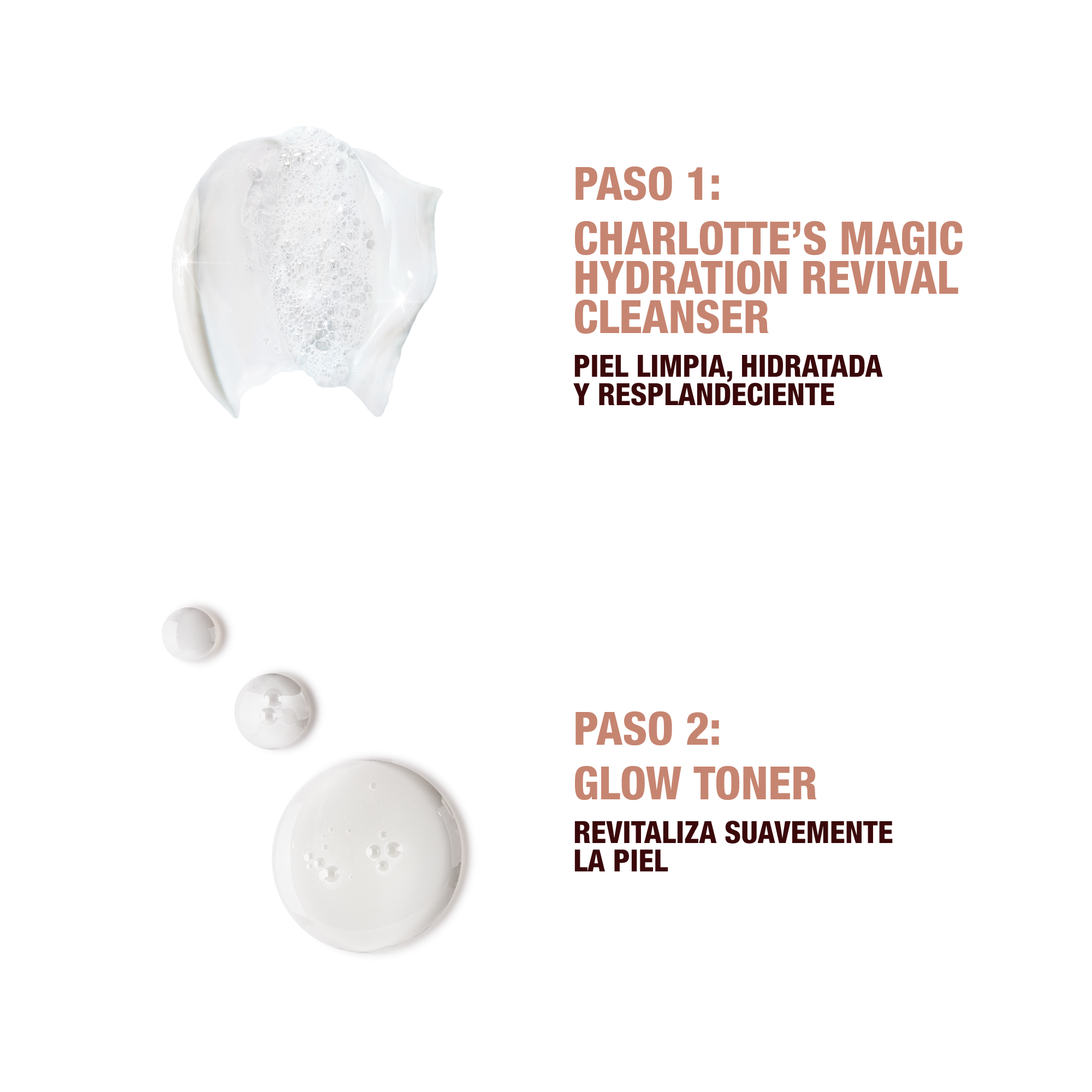 Step 1 Charlotte's Magic Hydration revival cleanser to cleanse, hydrate and glow. 
Step 2 glow toner gently resurfaces the feel of the skin