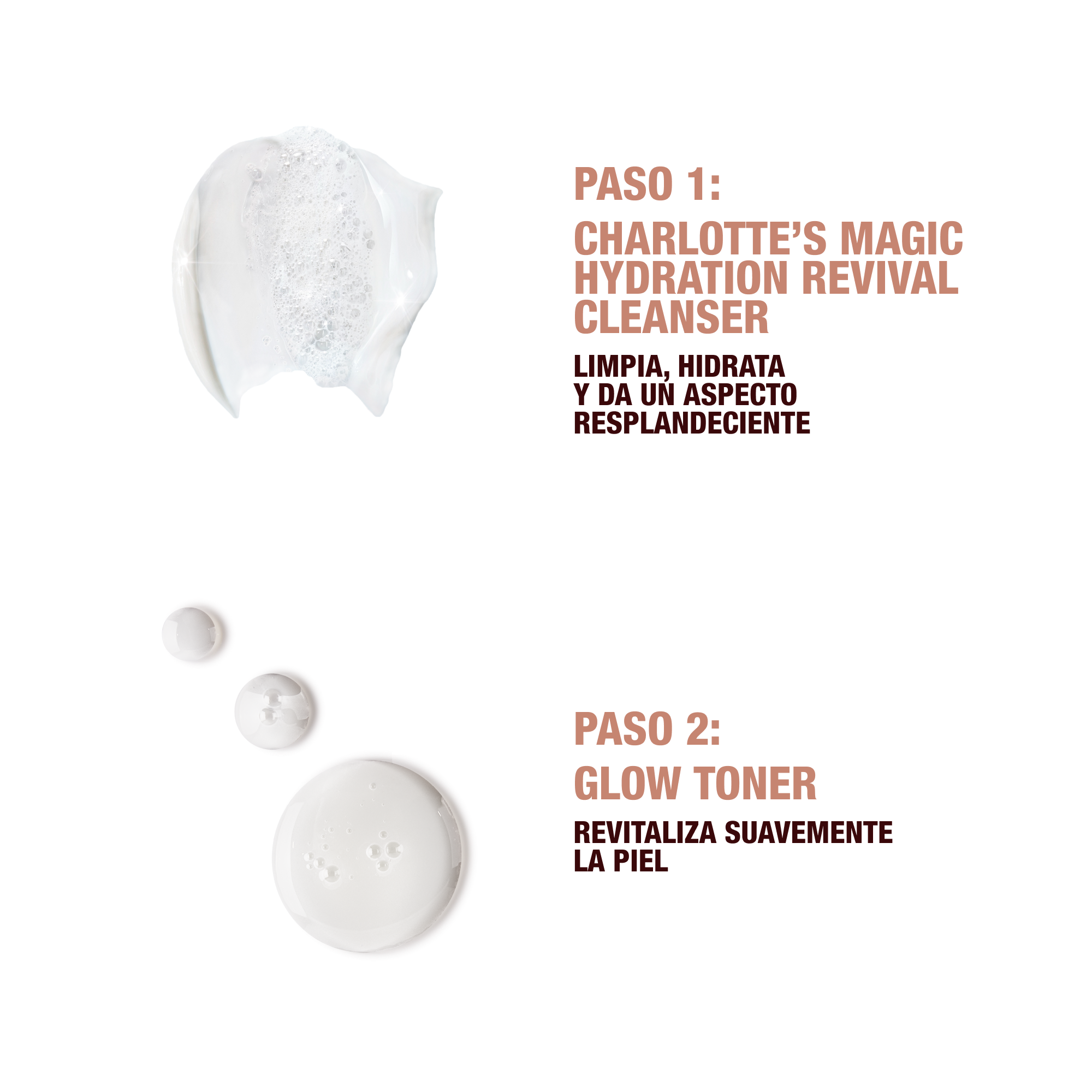 Step 1 Charlotte's Magic Hydration revival cleanser to cleanse, hydrate and glow. 
Step 2 glow toner gently resurfaces the feel of the skin