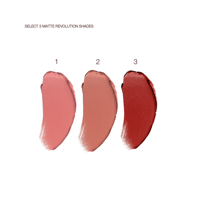 Swatches of three matte lipsticks in nude pink, terracotta, and wine shades. 