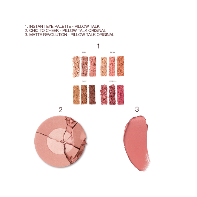 Swatches of matte and shimmery eyeshadows in nude shades, two-tone powder blush in nude pink, and a nude pink matte lipstick. 