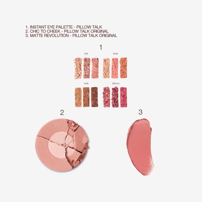 Instant Pillow Talk Glow Kit Swatches Swatches of matte and shimmery eyeshadows in nude shades, two-tone powder blush in nude pink, and a nude pink matte lipstick.