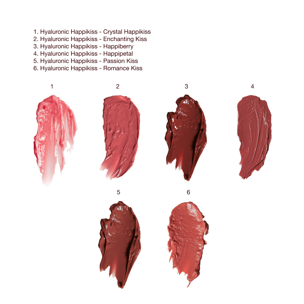 Swatches of moisturising lipstick lip balms in eight shades, that are soft brown, nude peach, vibrant coral, soft pink, nude berry pink, berry-rose, medium-pink, and sheer pink.