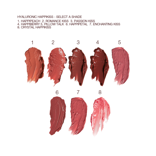 Swatches of moisturising lipstick lip balms in eight shades, that are soft brown, nude peach, vibrant coral, soft pink, nude berry pink, berry-rose, medium-pink, and sheer pink.