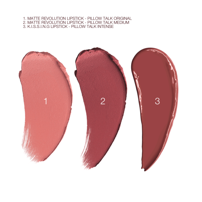 Swatches of two matte lipsticks in shades of nude pink and berry-rose, and a brown-pink lipstick with a satin finish. 