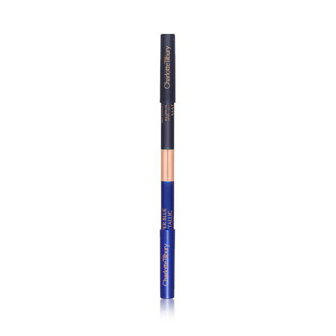 A closed, double-sided eyeliner pen with half of it a sapphire blue and the other half a teal blue. 