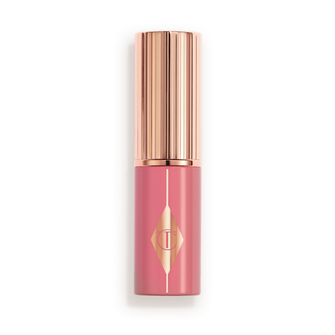 Rosy Glow Closed Muted pink packaging with a rose gold lid and detailing.