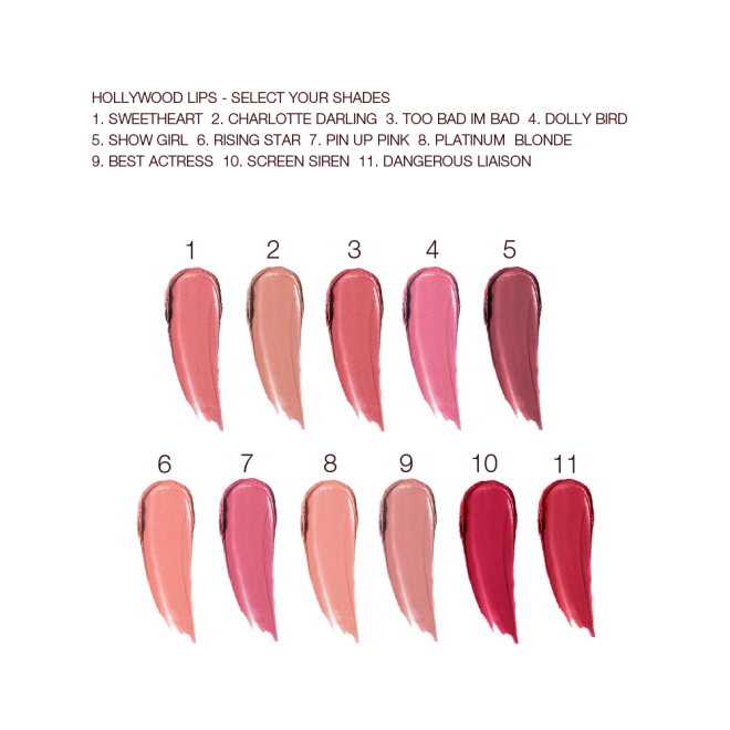 Swatches of eleven liquid lipsticks in shades of pink, peach, red, and purple. 