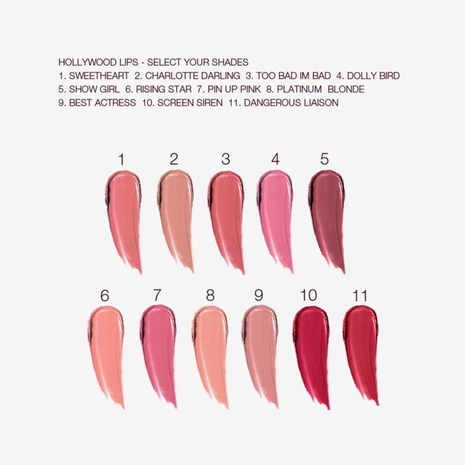 Hollywood Lips swatches Swatches of eleven liquid lipsticks in shades of pink, peach, red, and purple.