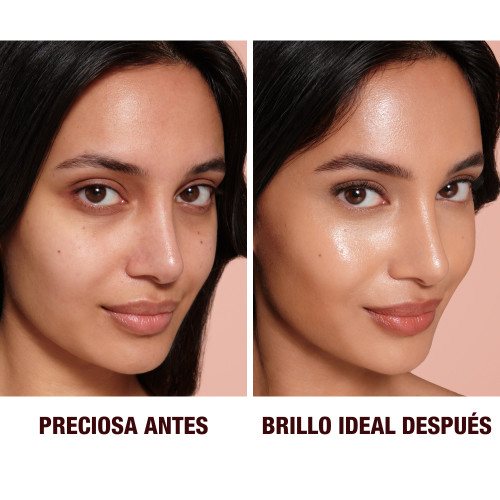 Close-up of a before and after of a medium-tone model wearing smokey brown and black eye makeup with a  glow-boosting primer that blurs her pores and makes skin look flawless. 